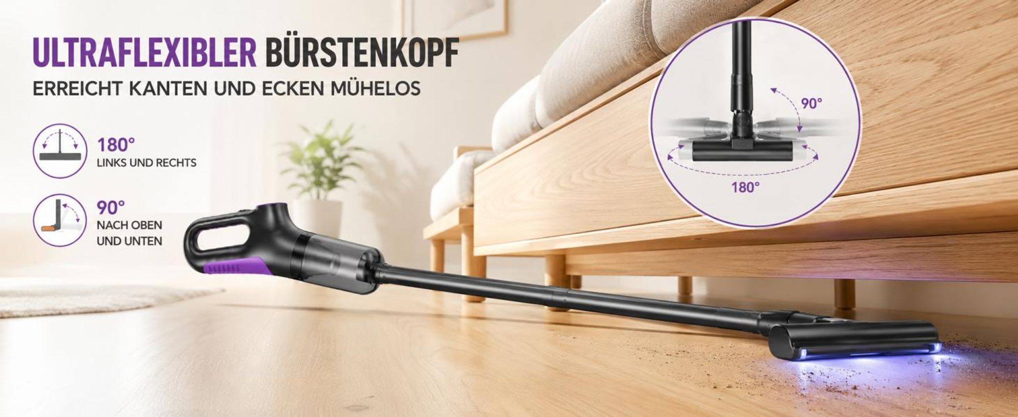4-in-1 Akku-Staubsauger, 15.000 Pa, kabelloser Hand- und Stielstaubsauger mit LED-Anzeige & HEPA-Filter, für Hartboden, Teppich und Tierhaare, Lila