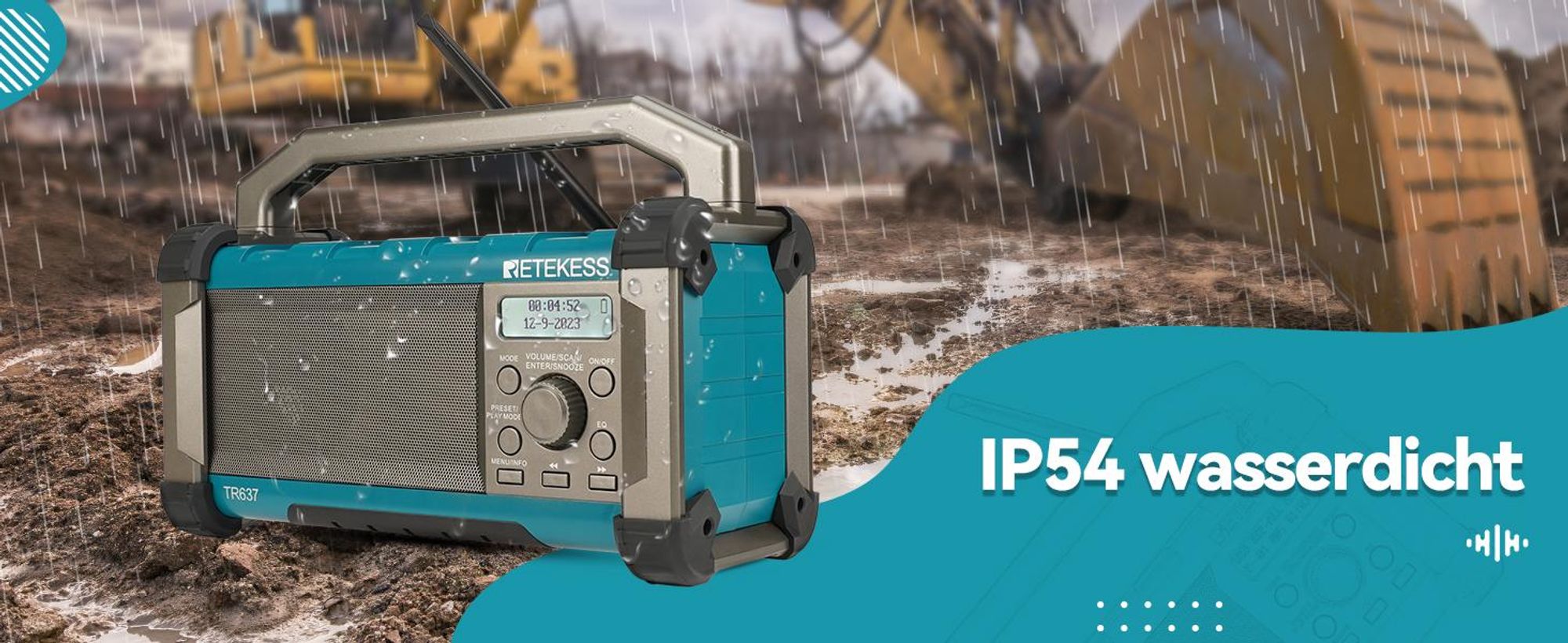 Retekess TR637 Baustellenradio mit Bluetooth, FM AM mit 5000 mAh leistungsstarkem Akku, IP54 staubdicht und wasserdicht mit USB-Ladegerät Tragegriff