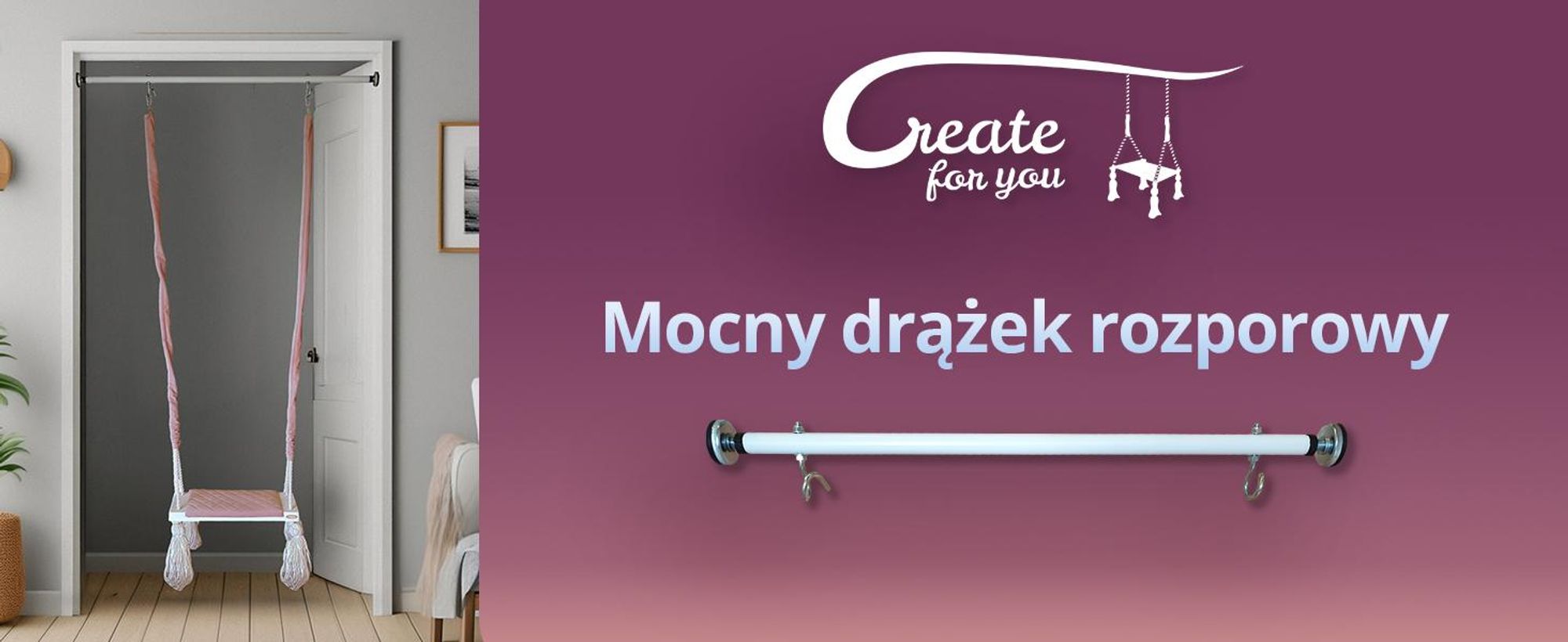 Create for you® - Drążek do Podciągania z Hakiem do Huśtawki Dziecięcej - Sprzęt Fitness do Domu - Montaż bez Wiercenia, do Futryny, z Hakami - 70cm