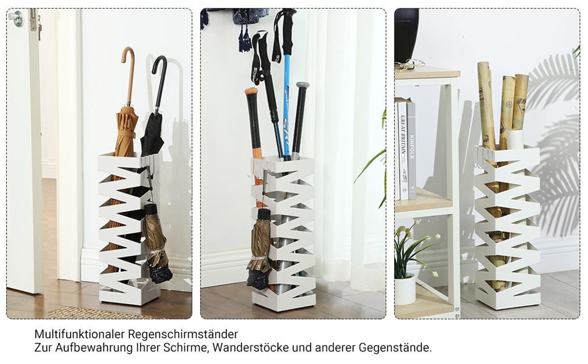 SONGMICS Ø 15,5 x 49 cm Metall Schirmständer 2 Haken Regenschirm Wasserauffangschale weiß werden verschenkt LUC16W