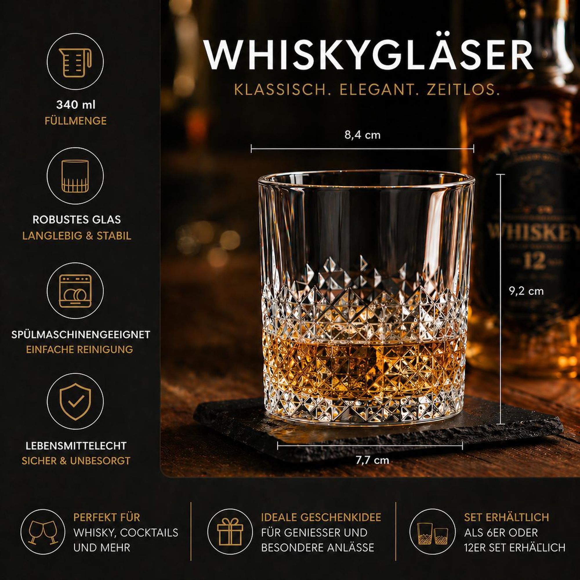 6er Set Whiskygläser 340 ml – Whiskeygläser Tumbler mit Schliffoptik – Bleifrei, spülmaschinengeeignet – für Whisky, Bourbon, Cocktails & Softdrinks