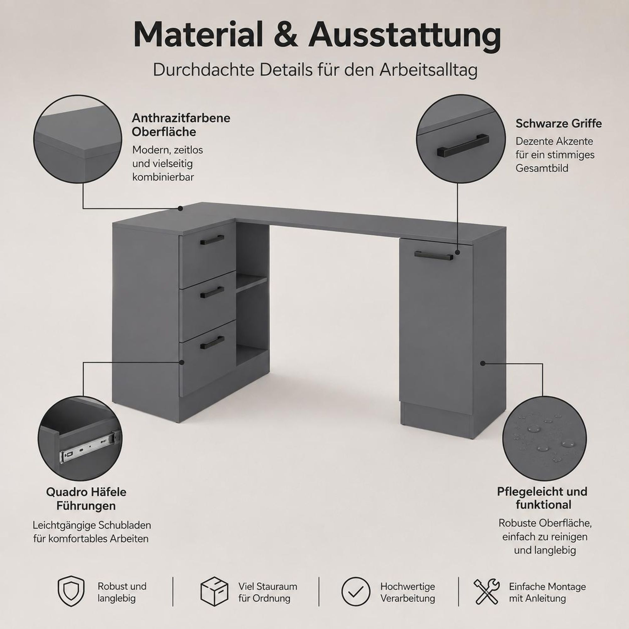 Anthrazitfarbener Computertisch mit schwarzen Griffen und Quadro Häfele Führungen.