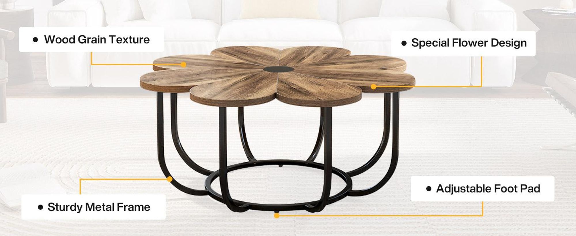 Tavolino Tribesigns, alto 100 cm, moderno centrotavola d'accento con piano in legno a forma di fiore e struttura in metallo per il soggiorno