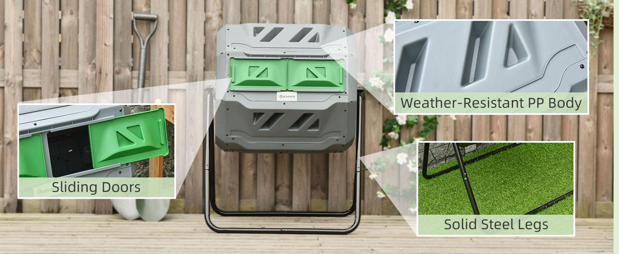Kompostownik Outsunny 160L, 71 cm x 65 cm x 96 cm, obrotowy, szybki kompostownik z tworzywa sztucznego, termokompostownik z 2 komorami, na odpady organiczne i ogrodowe, szary