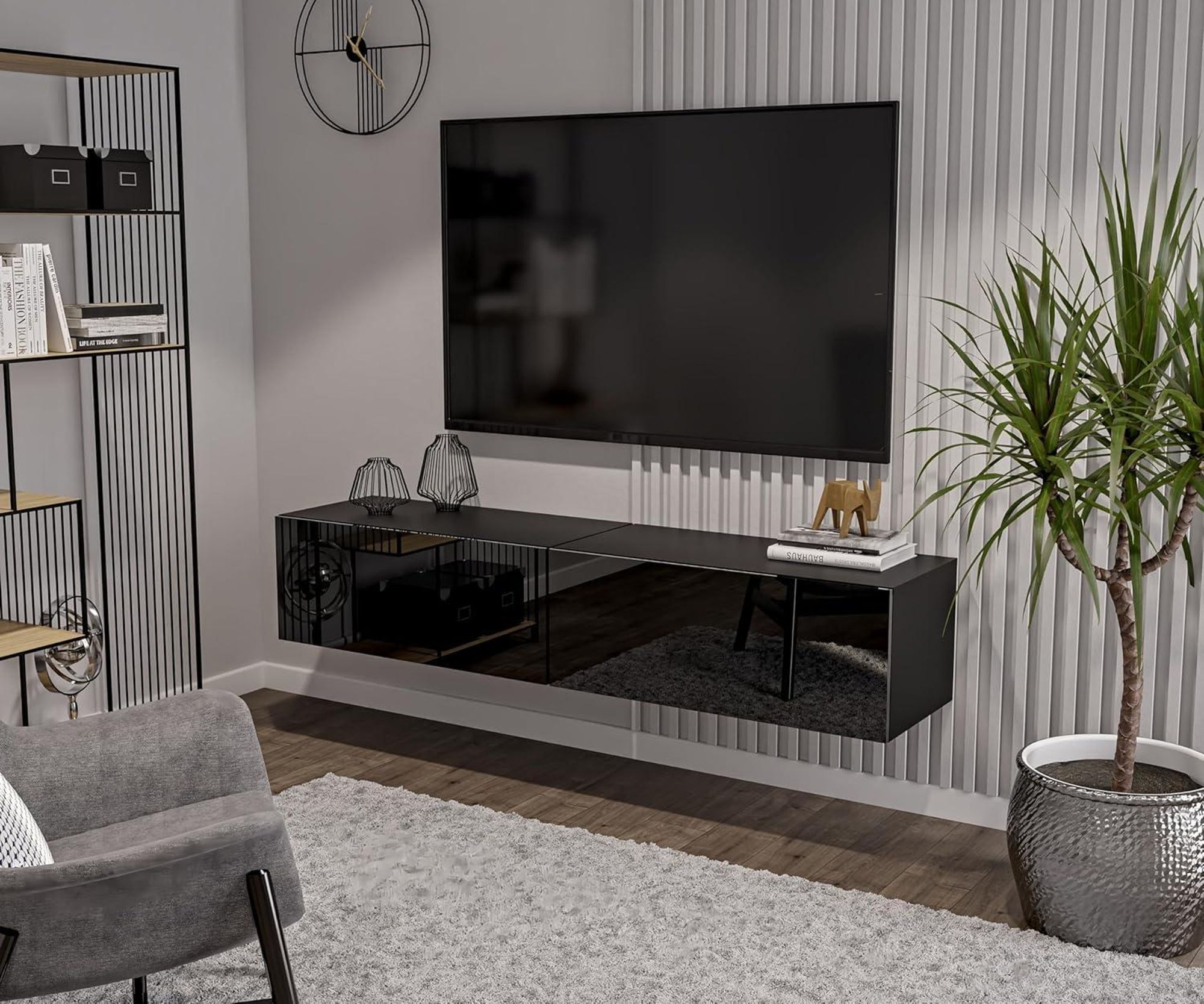Schwarz TV Lowboard 270 cm Hängeschrank für Wohnwand Fernsehtisch Hochglanz Front MDF Fernsehschrank Kabelöffnung Push-to-Open