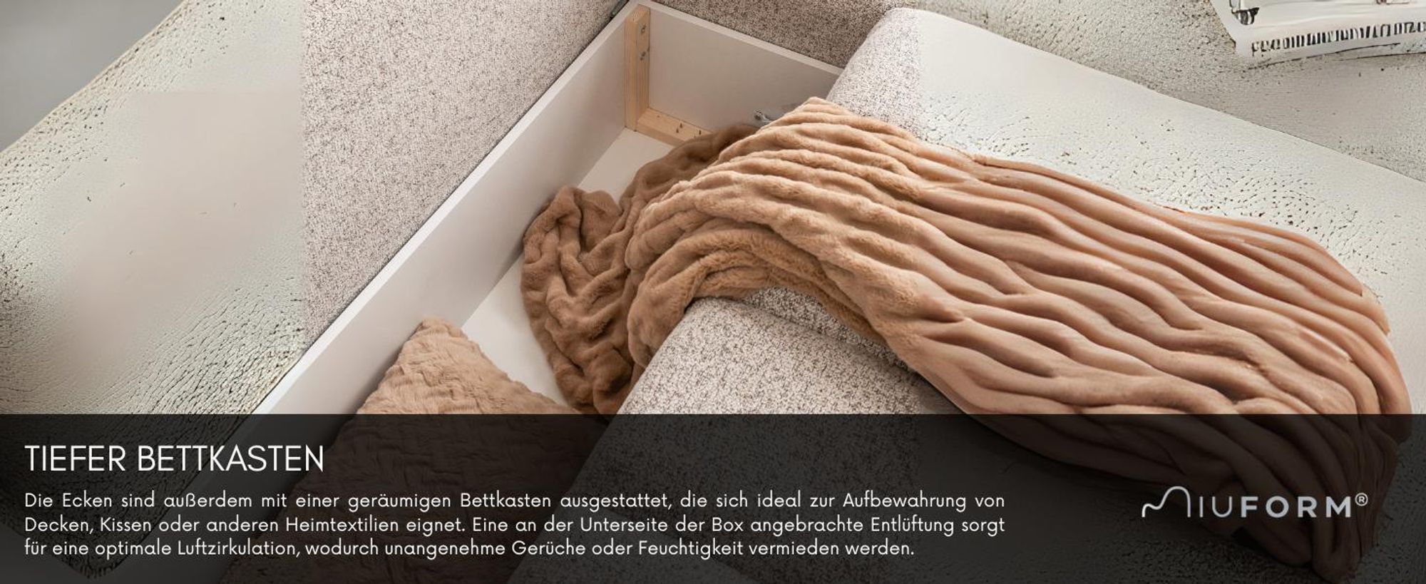 MIUFORM Lulu Ecksofa mit Bettfunktion und Bettkasten U-FORM RECHTS – 333 x 213 cm - Salz und Pfeffer- Sofa Schlafsofa Couch Modulsofa