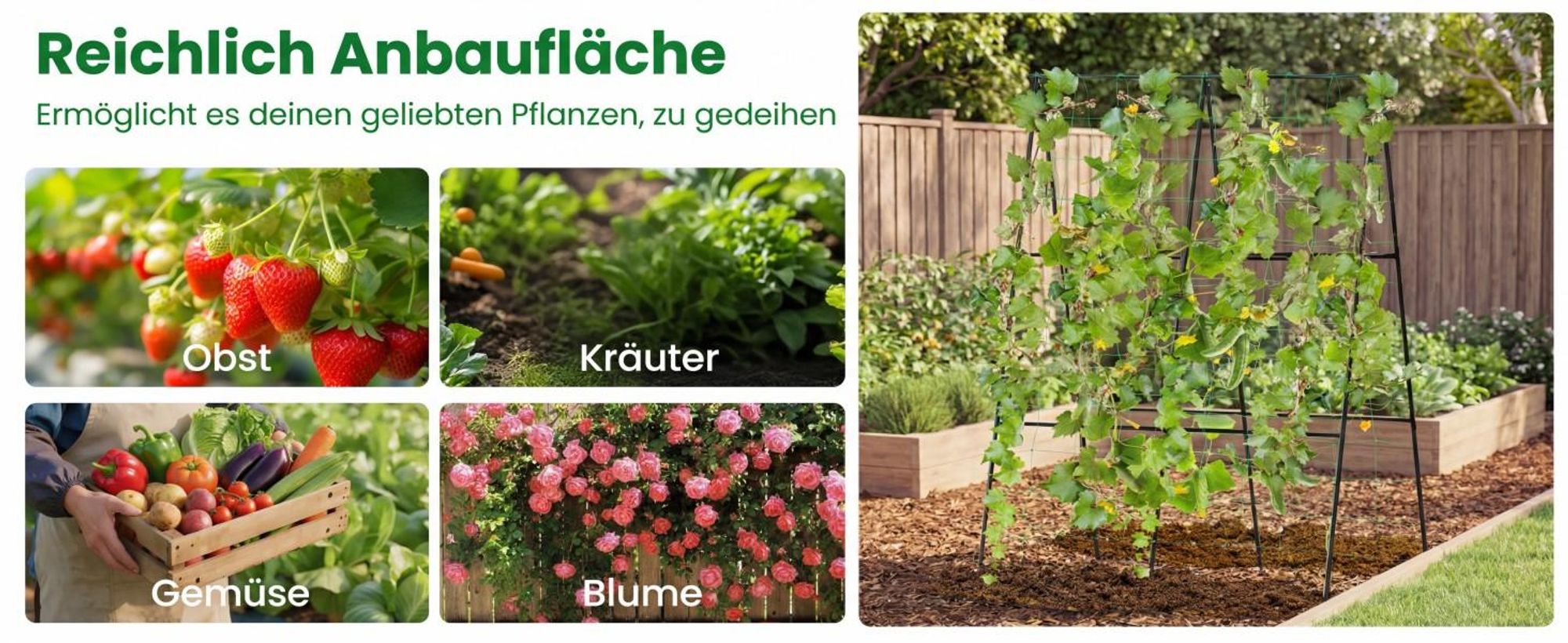 COSTWAY Gurke Rankhilfe Set, A-förmig, Pflanzenhalter mit Gartennetz & Pflanzenclips, Rankgitter Metall, Pflanzenstütze 130x105x151cm, Schwarz