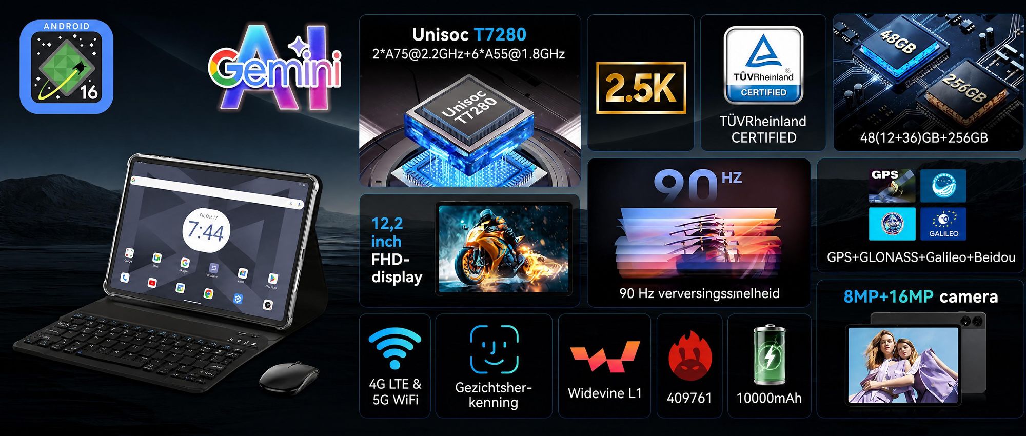 BESTTAB T60 12.2" Android 16 AI-tablet met 48GB (12+36) RAM, 256GB/2TB opslag, Octa-Core processor en 10000 mAh batterij, inclusief stylus/hoes/muis/toetsenbord