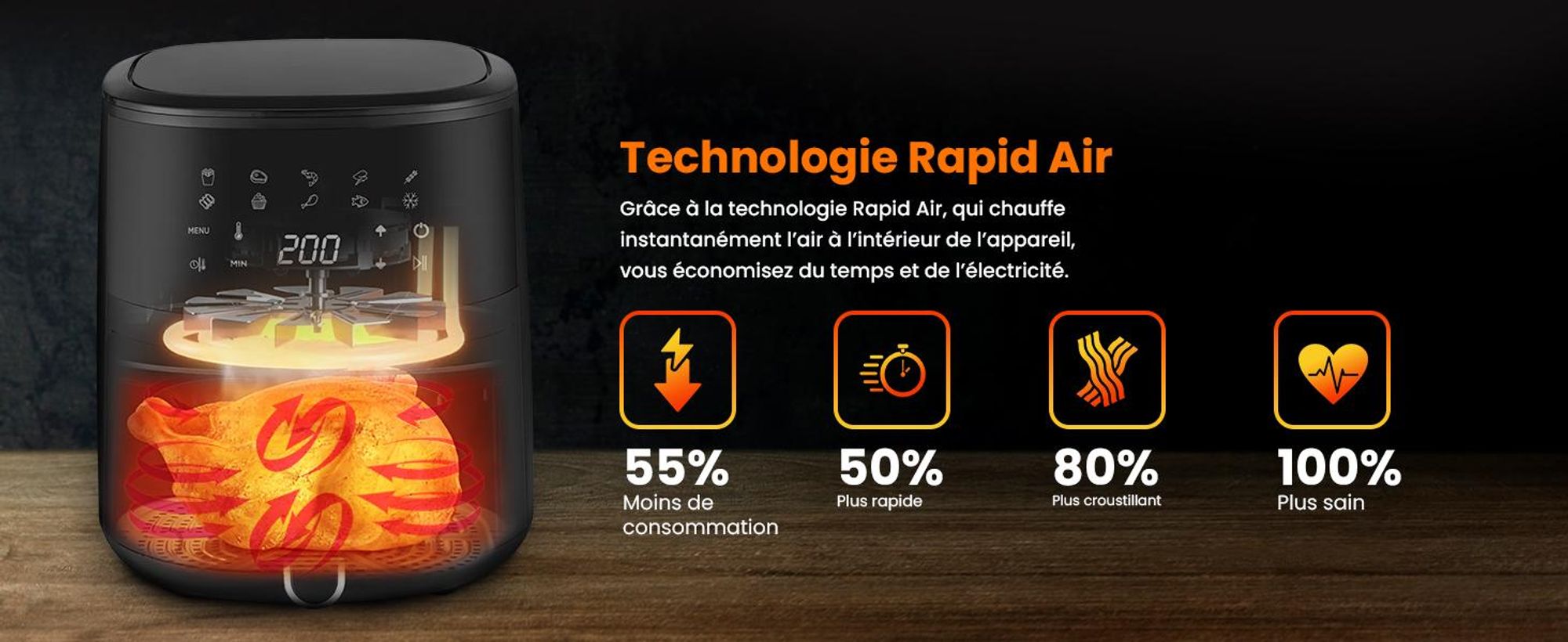 Extralink Air Fryer 4,2 L, friteuse à air chaud, 1300 W, écran tactile, noire
