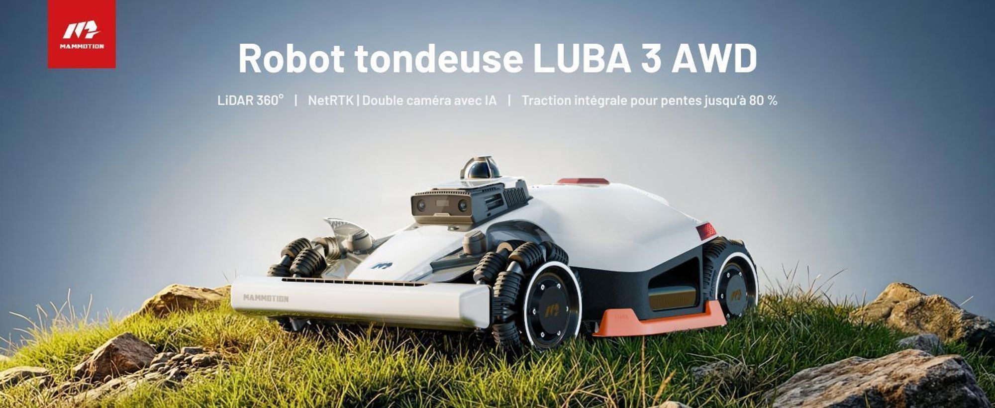 Robot tondeuse Mammotion LUBA 3 AWD 5000 avec garage et station de lavage, jusqu’à 5000 m², transmission intégrale, pente 80 %, cartographie-auto, app
