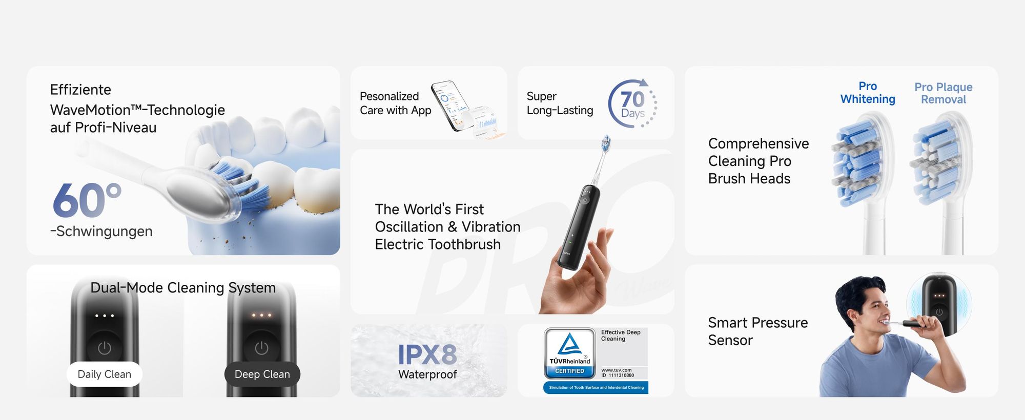 Laifen Wave Pro Elektrische Schallzahnbürste mit App, Drucksensor, 70 Tage Akku, kabelloses Laden und intelligenter Reinigungstechnologie-schwarz