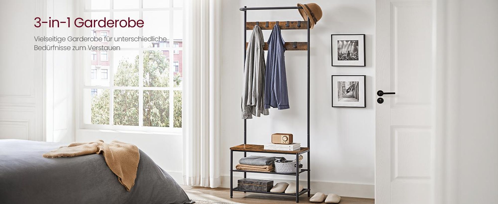 VASAGLE Kleiderständer, Garderobe, Garderobenständer, Kleiderstange mit 9 abnehmbaren Haken, Sitzbank, Industrie-Design, für Flur, Schlafzimmer 411