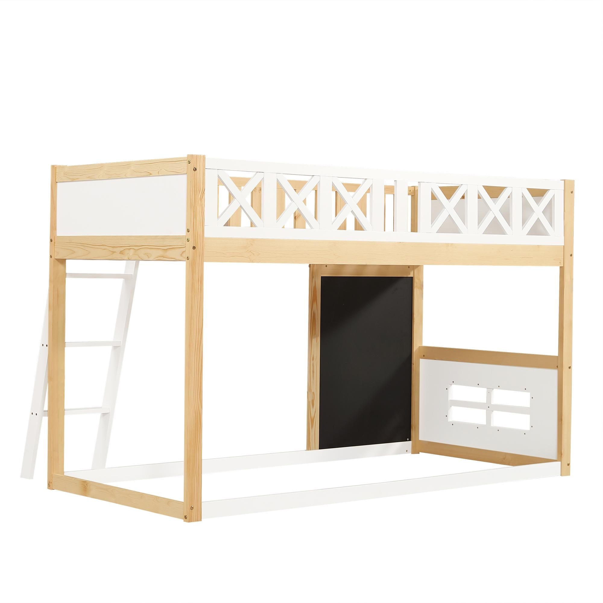 Flieks Etagenbett 90x200cm mit Tafel, Kinderbett mit Rausfallschutz und Lattenrost, Hochbett mit Aufbewahrungsbox, Naturbelassen