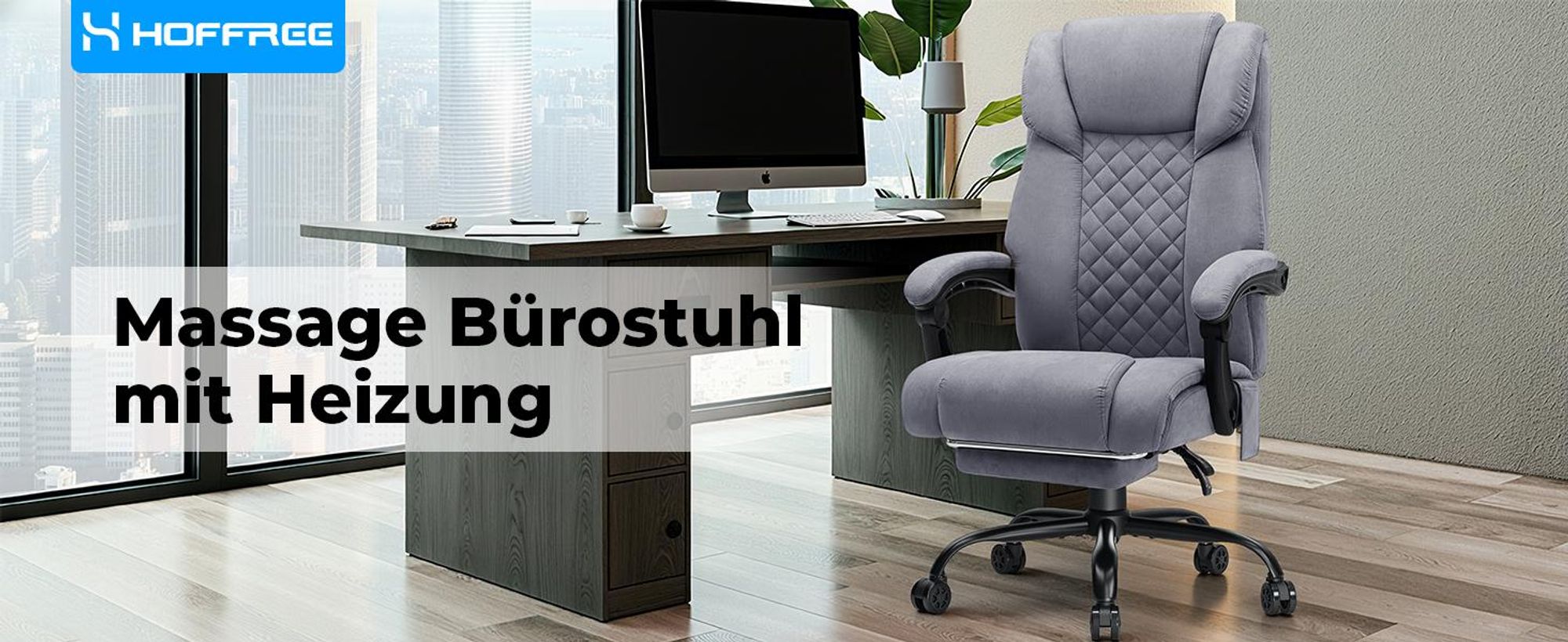 HOFFREE Massage-Bürostuhl mit Wärme & 7 Vibrationspunkten, 180° neigbar, Fußstütze, 200 kg Tragkraft, Chefsessel für große Personen, Grau