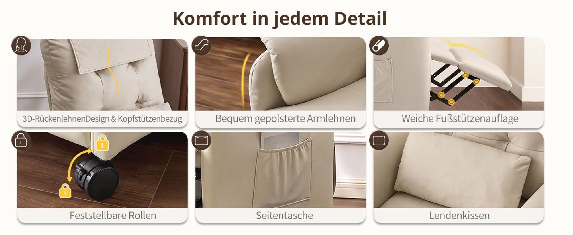 Elektrisch Massagesessel,Fernsehsessel Ruhesessel mit Massagefunktion, Wärmefunktion, 4 Rädern, Cremeweiß