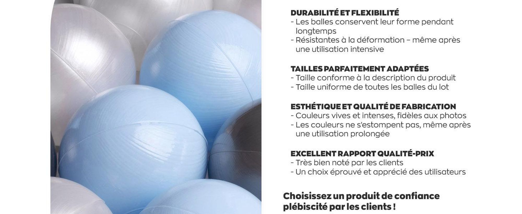 MISIOO Balles pour bain de balles 150 pièces - Balles pour bain de balles - Balles Ø 6 cm - Balles en plastique fabriquées en 100% LDPE - Jouets bébé - Bleu clair/perles/argenté