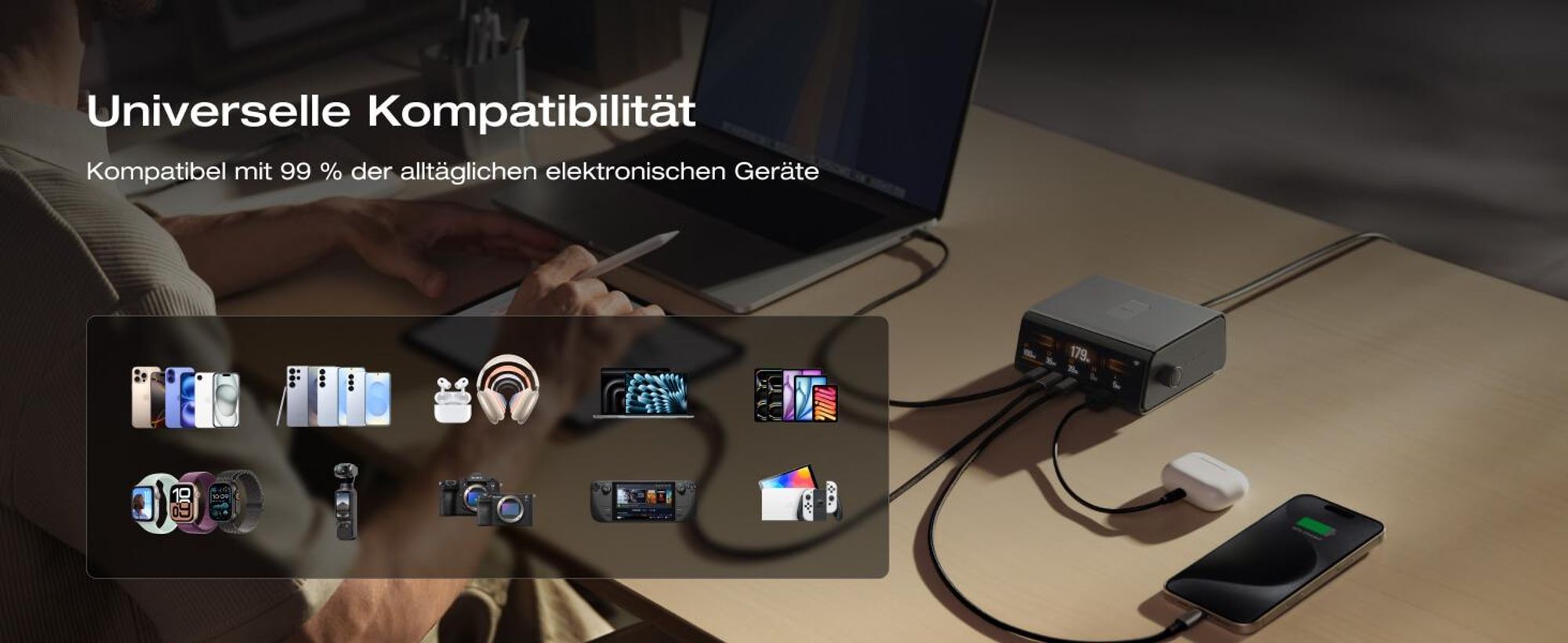 EF EcoFlow RAPID Pro Ladegerät 320W Max., 5 Anschüusse, GaN Ladestation für 6 Geräte, Pogo-Pin für EcoFlow RAPID Pro Powerbank, Desktop-Ladegerät