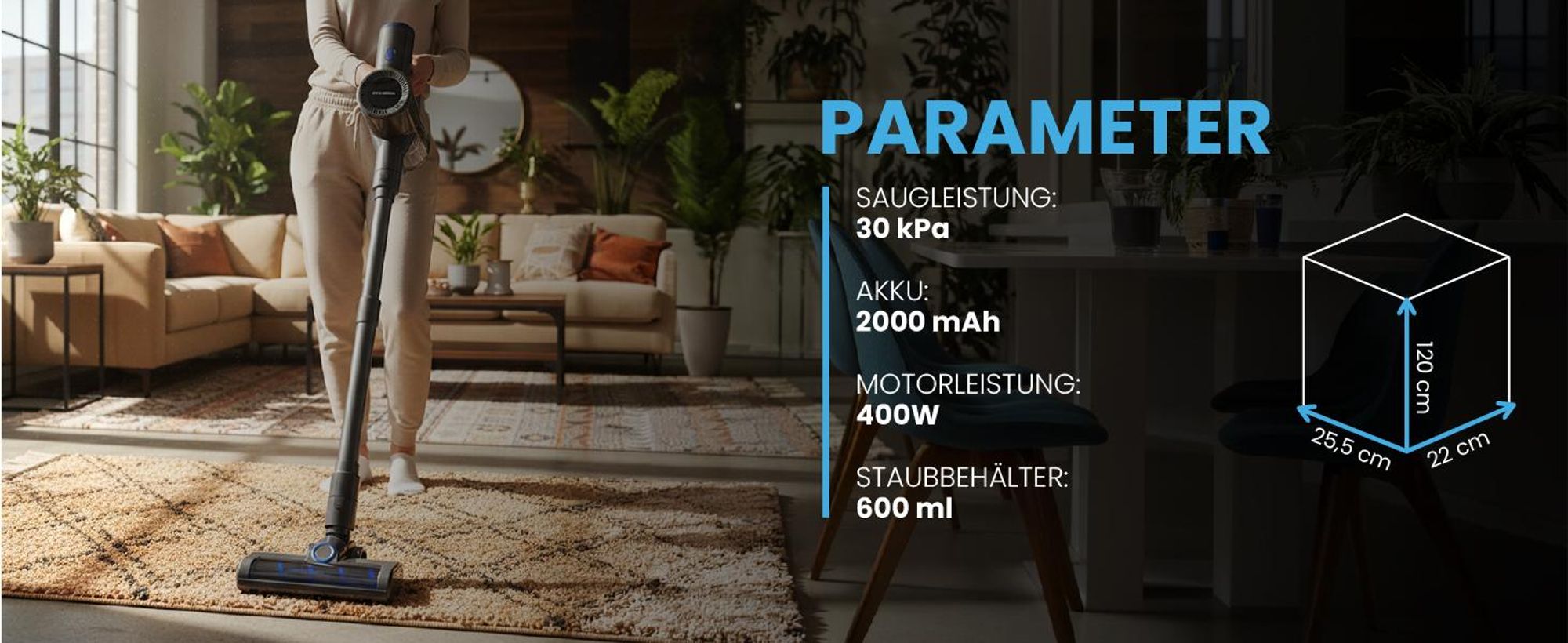 Handstaubsauger beutellos mit Akku 30000Pa mit Elektrobürste