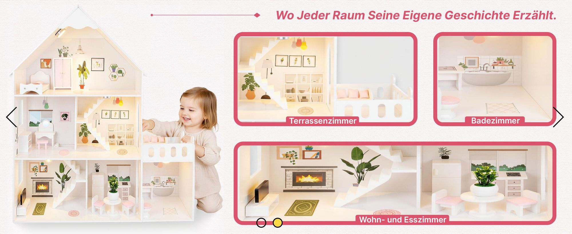 Großes Holz-Puppenhaus 118 cm mit LED und Möbeln – 3 Etagen, 7 Zimmer, Terrasse und Zubehör