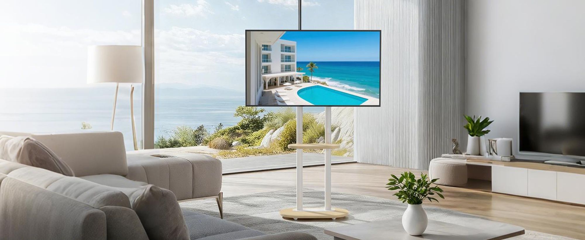 WISFOR TV Standfuss Höhenverstellbar, TV Ständer Rollbar, TV Bodenständer mit 2 Ablagen für 40-75 Zoll Fernsehstand, VESA 600x400mm, bis Max 60kg