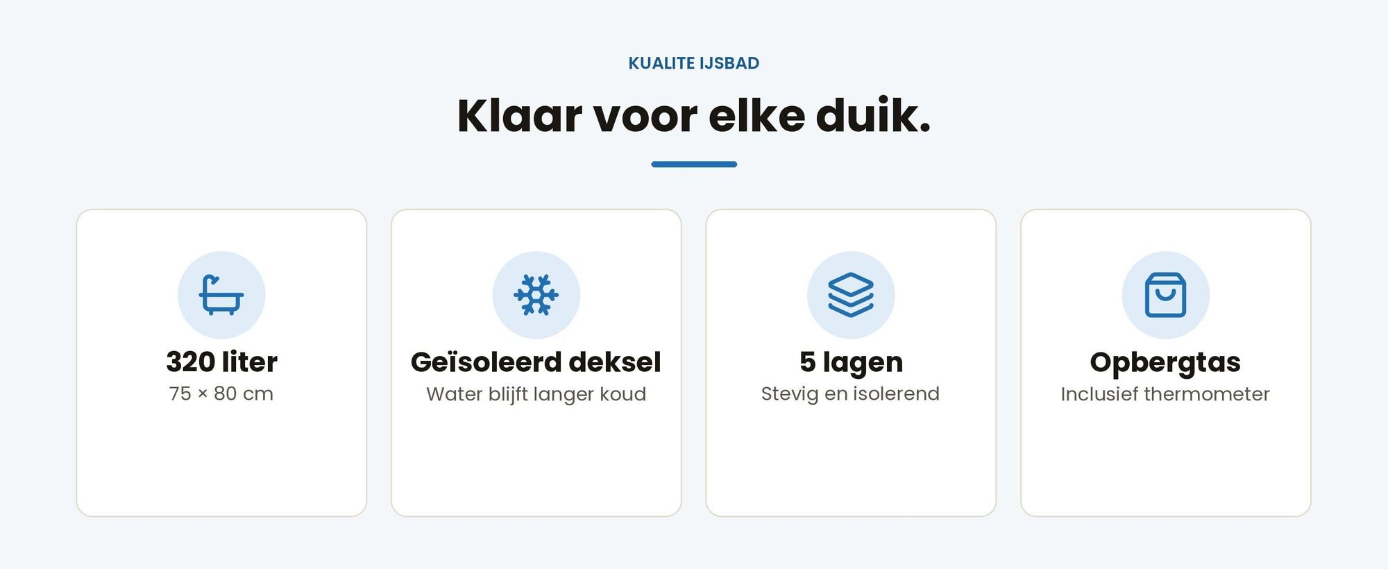 Kenmerken van het Kualite ijsbad: 320 liter, geïsoleerd deksel, 5 lagen en opbergtas