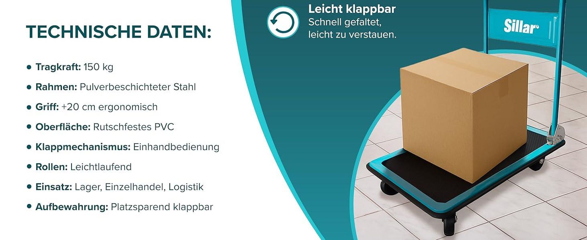 Sillar Klappbarer Transportwagen bis 150 kg – Plattformwagen mit 4 Rädern rutschfeste PVC-Plattform