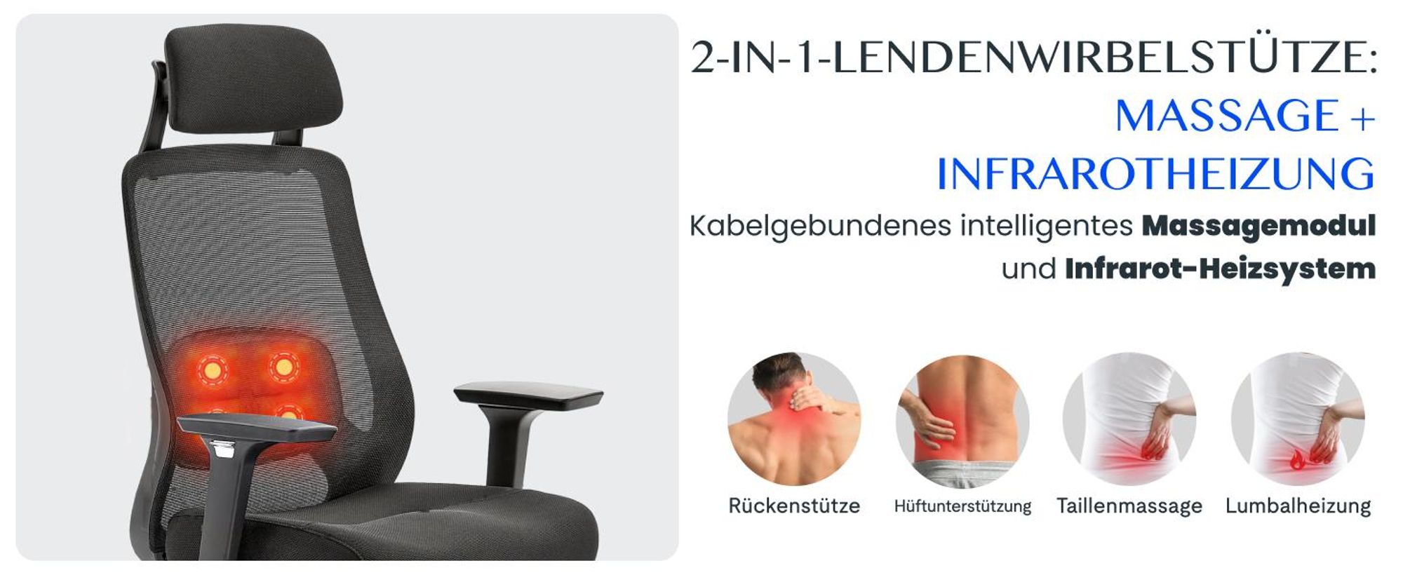 FLEXISPOT MasterEase Ergonomischer Bürostuhl mit 3D Shiatsu-Massage, verstellbarer Lendenstütze, Memory-Sitzkissen und ausziehbarer Fußstütze, Schwarz