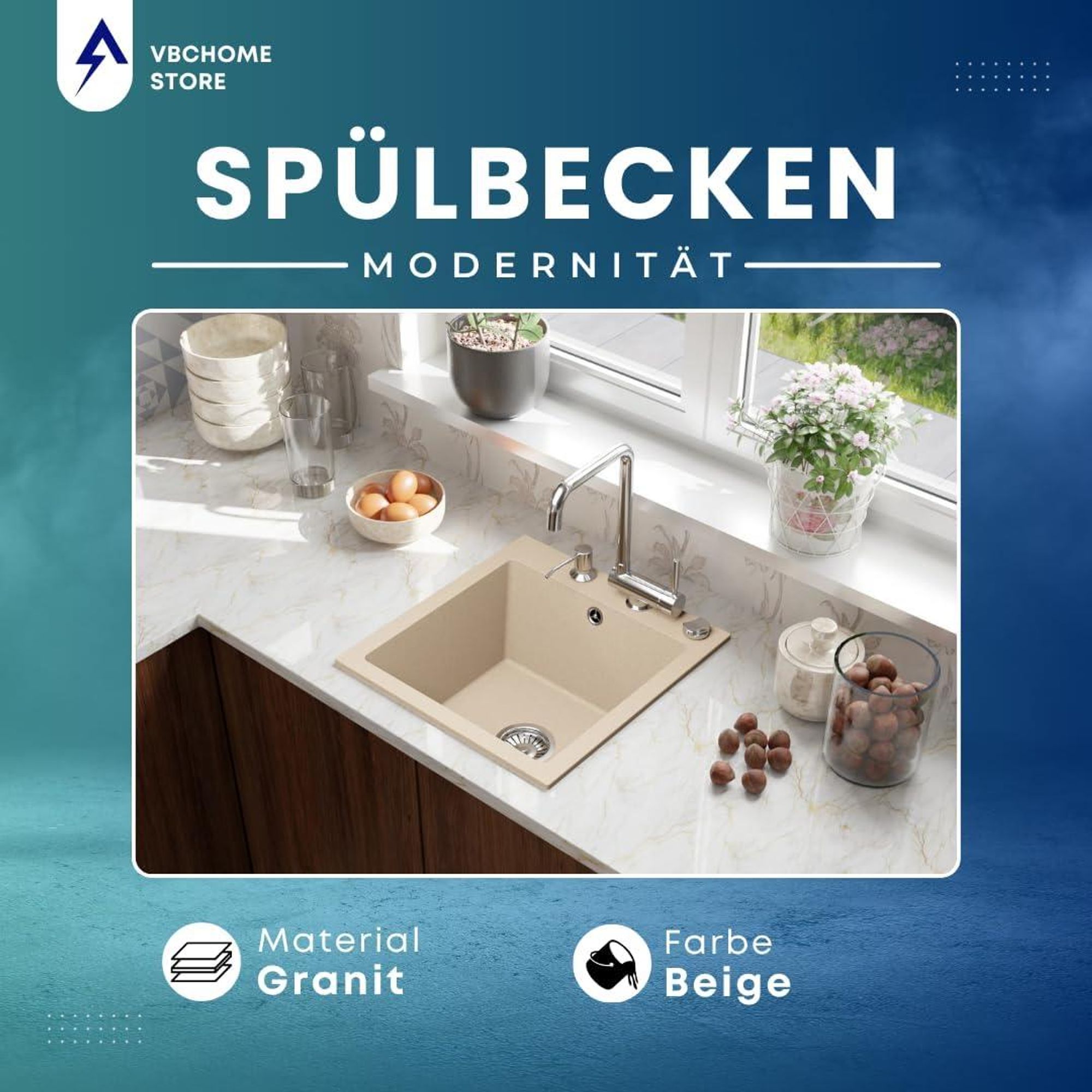 VBChome Granitspüle 50 x 48 cm Beige mit Armatur Einzelbecken Einbauspüle Gesprenkelt Pflegeleichtes Spülbecken mit Siphon Ideal für kleine Küchen
