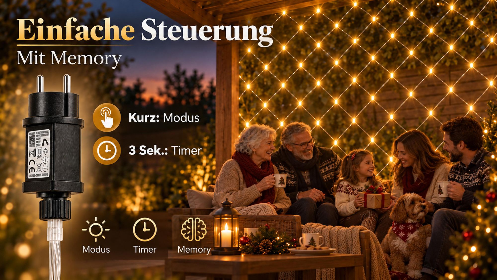 3X2m 200 LED Lichterkette Netz Lichternetz Warmweiß mit Stecker 8Modi Timer für Büsche Garten Weihnachtsbaum Zimmer Party Weihnachten Beleuchtung Deko