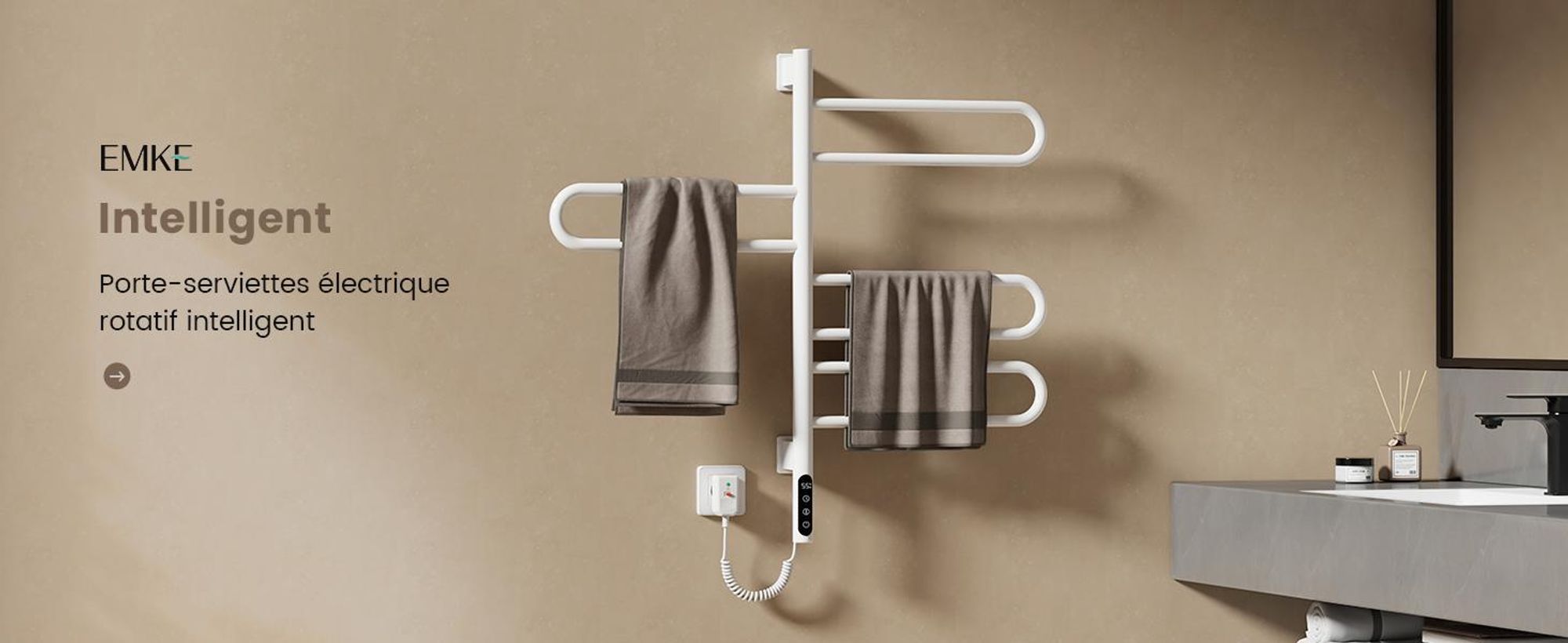 EMKE Chauffe-serviettes Électrique 780 x 430 x 90mm 130W pivotant Tube en U Intelligent Touch LCD Tuya Alexa Radiateur de salle de bains blanc