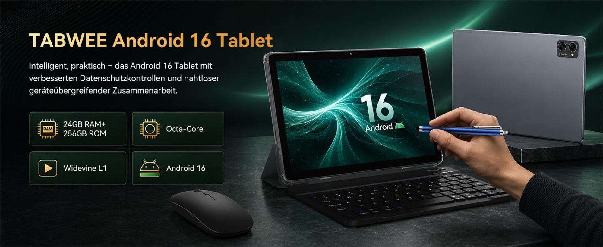 TABWEE T20 Android 16 Tablet 10.1 Zoll, 24GB(8+16) RAM+256GB ROM(2TB TF) mit Zubehör Tablet-PC, Widevine L1, 5G WiFi, Gemini Al