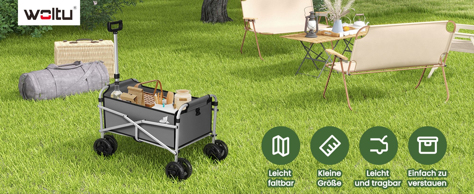 WOLTU Bollerwagen faltbar, mit Bremsen, Trolley, 80 kg belastbar : Dunkelgrau Farbe: Dunkelgrau