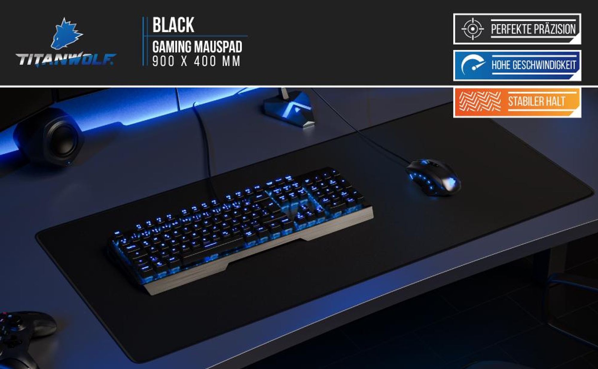 Titanwolf Gaming Mauspad XXL, 900 x 400 x 3 mm, Schreibtischunterlage, abwaschbar, rutschfeste Rückseite, Geschwindigkeit & Präzision, Schwarz