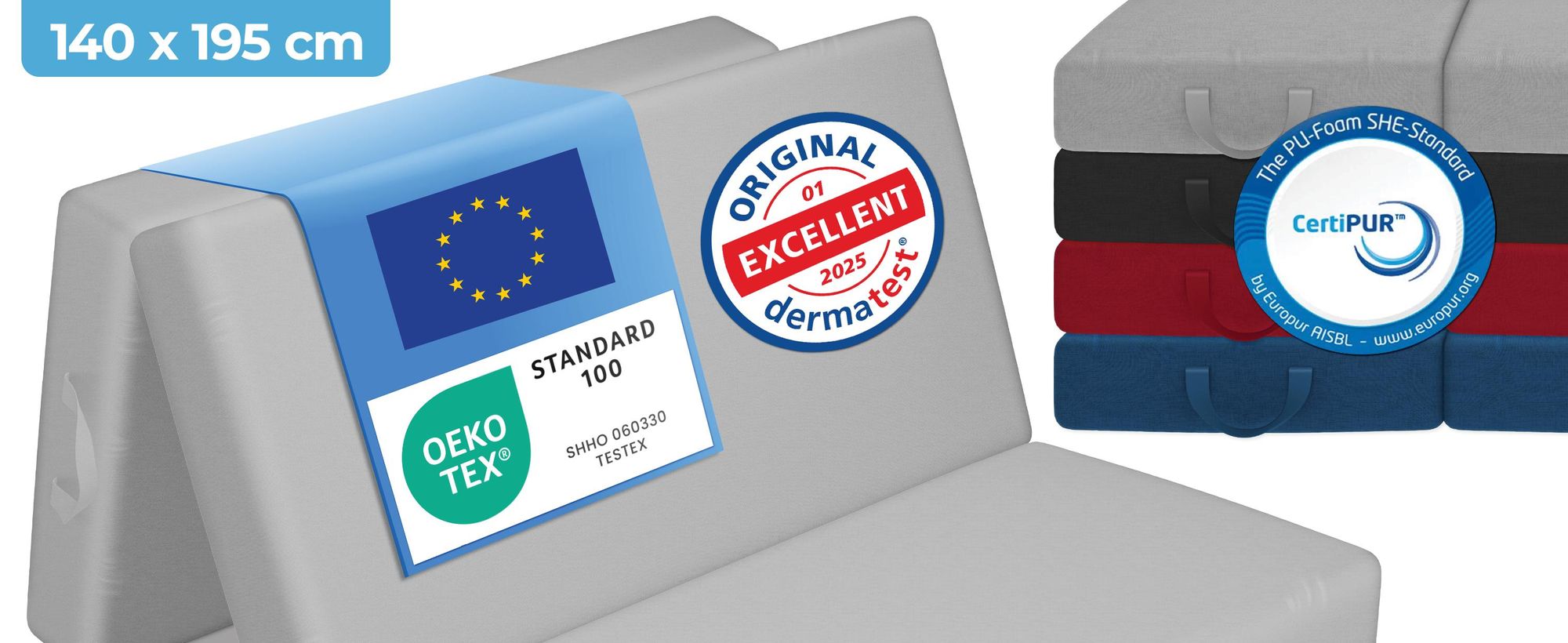ELONEO Opklapbare matras, gastenmatras, 3-delige opvouwbare matras, extra dik schuim (15 cm), geschikt voor mensen met rugproblemen, opklapbaar, opvouwbare matras (grijs)