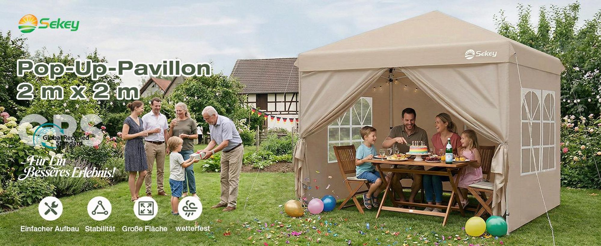 Sekey Faltpavillon 2x2 m wasserdicht UV50+ Gartenpavillon Partyzelt mit 4 Seitenteilen höhenverstellbar, Taupe