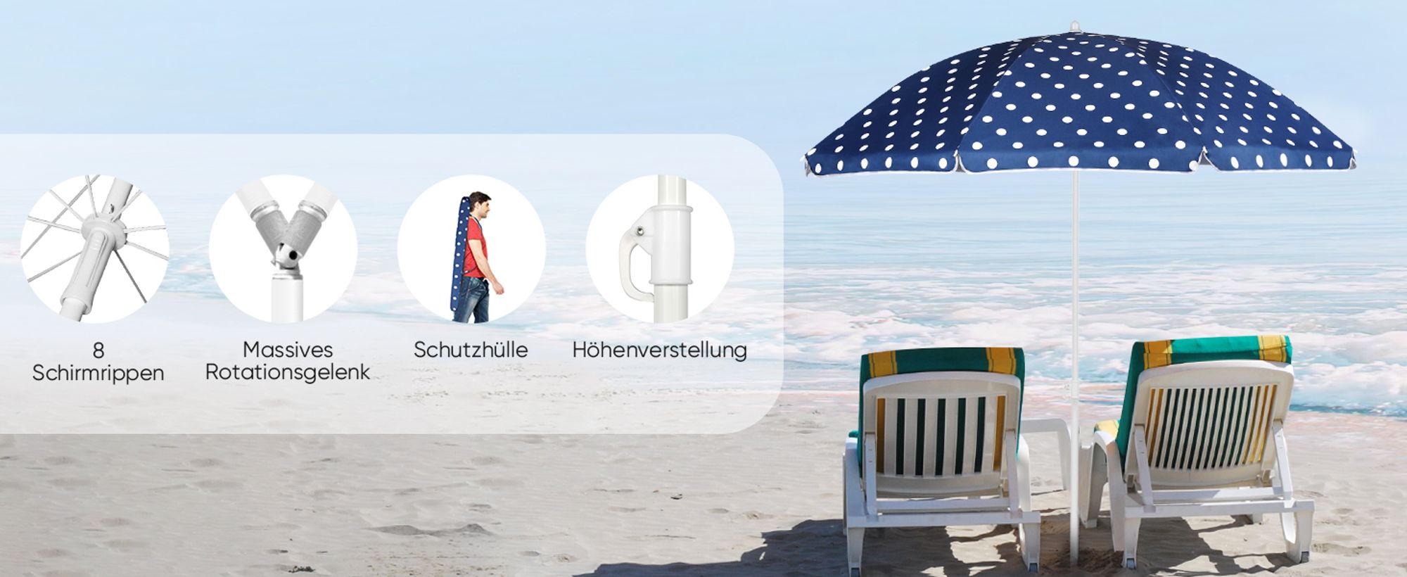 Sekey Sonnenschirm Rund Ø 160 cm Terrassen Gartenschirm Strandschirm mit kurbel & Schutzhülle Neigungswinkel und Höhe verstellbar, Blau-weiß gepunktet