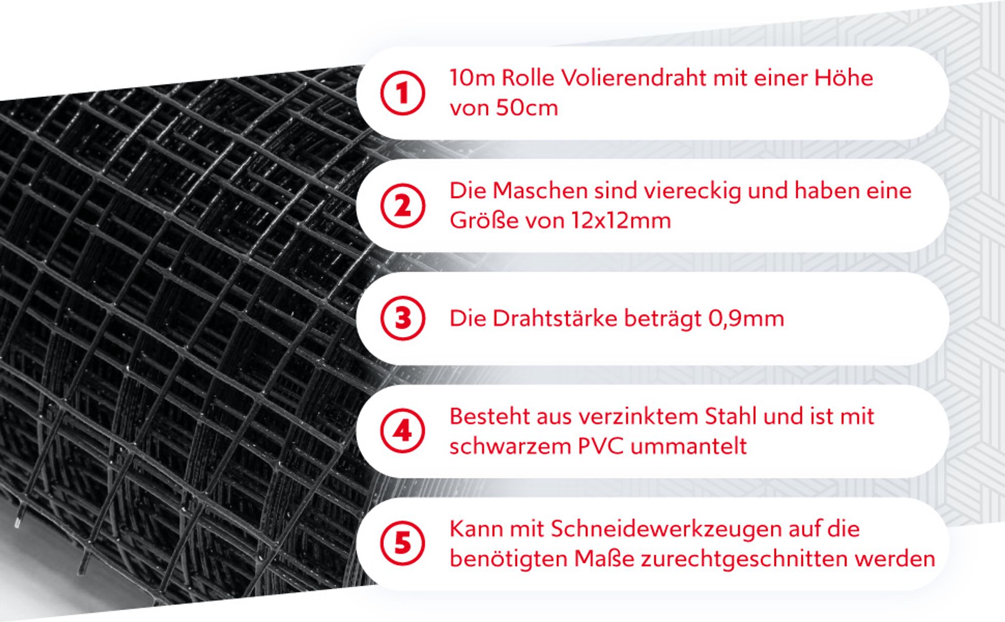Wiltec Maschendrahtzaun Schwarz 50 cm x 10 m, 0,9 mm Stärke 12x12 mm Maschengröße, Volierendraht 4-Eck aus Stahl verzinkt, Drahtgitter, Vogeldraht