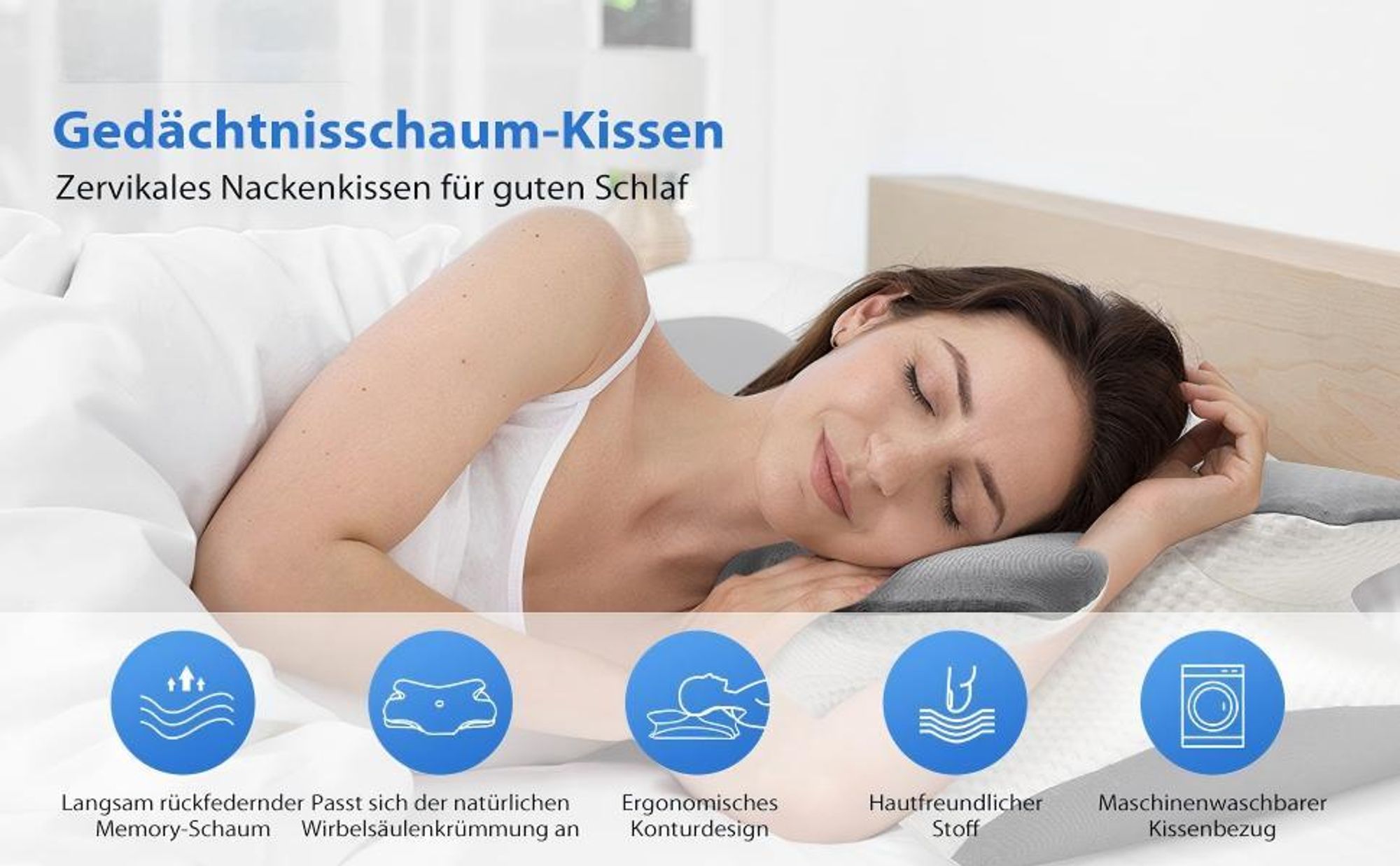 CMYbabee Nackenkissen, Orthopädisches Kopfkissen aus Memory Foam, Ergonomisches Kopfkissen gegen Nackenschmerzen mit Eisseiden Bezug, Grau