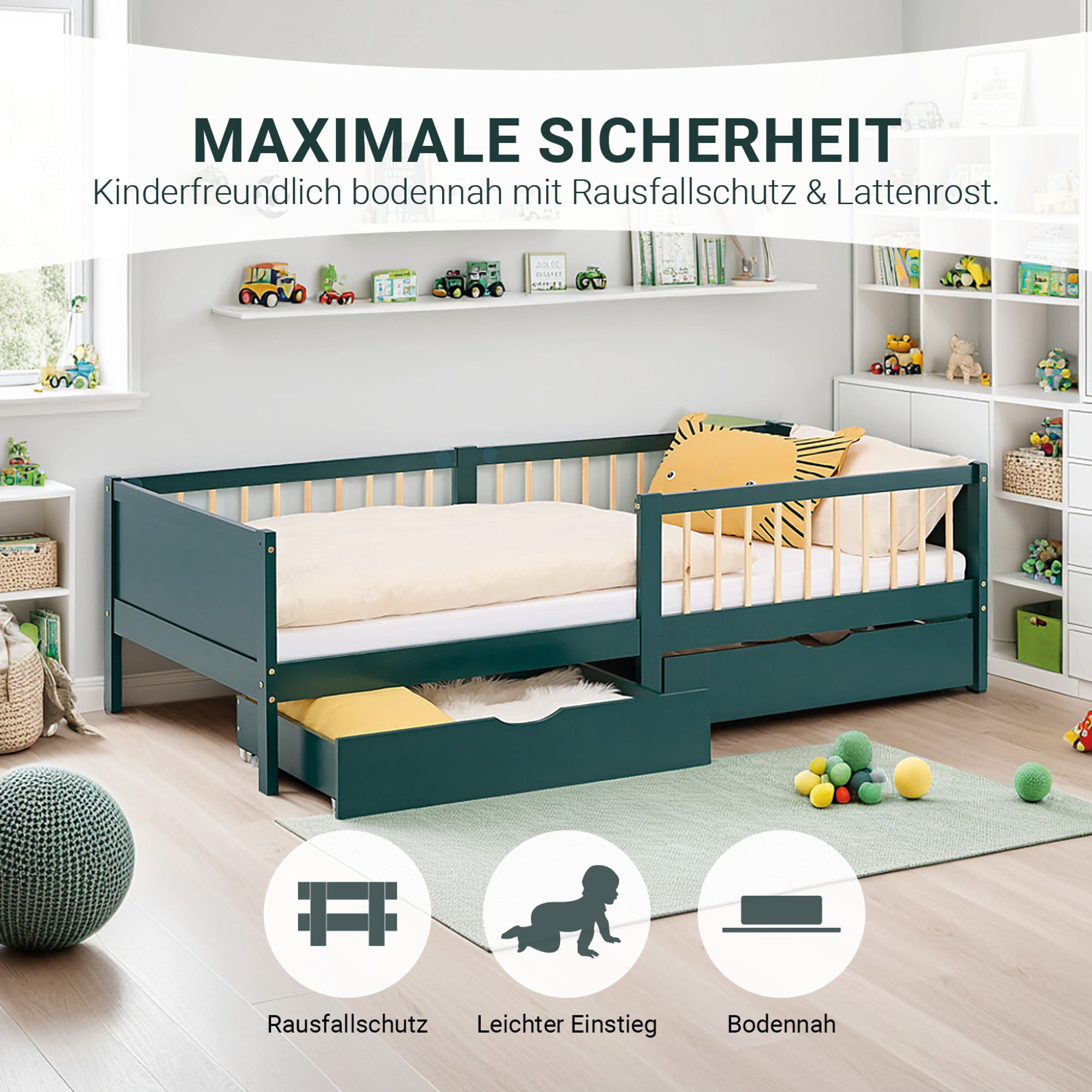 Das Bild zeigt das Kinderbett mit Rausfallschutz mit geöffnetem Bettkasten