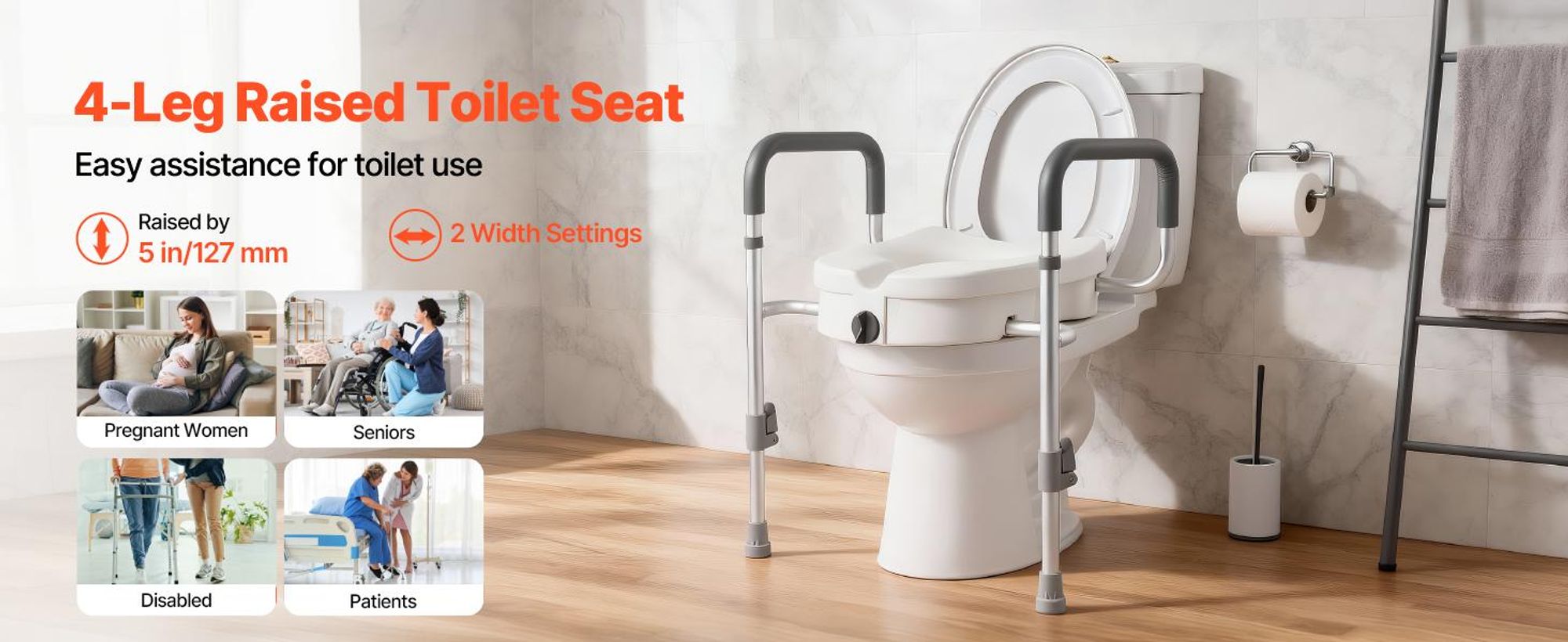 VEVOR Erhöhter Toilettensitz mit Armlehnen, 159 kg Tragfähigkeit, 12,7 cm Erhöhung & verstellbare Breite, verbreiterter erhöhter Toilettensitz mit Griffen für Senioren, ältere Menschen, Behinderte, Erwachsene