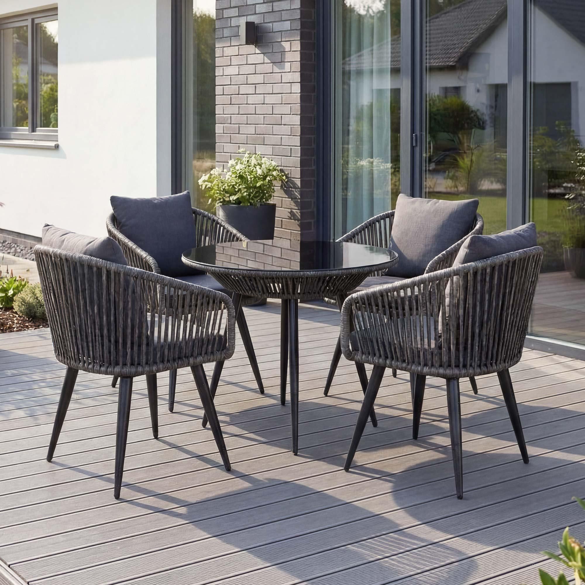 di volio Gartenmöbel Set RIETI - Grau, Sitzgruppe outdoor aus Polyrattan, Essgruppe mit 4 Stühlen und rundem Glastisch, wetterfest