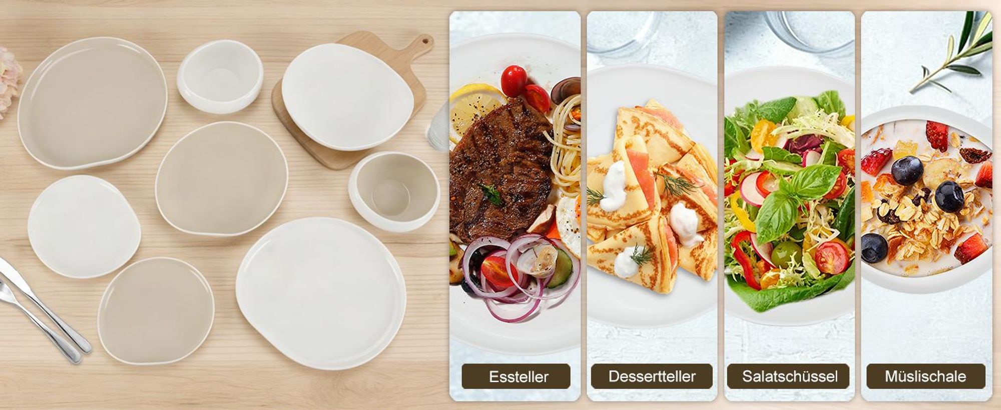 HOMELUX 24-tlg Kombiservice Porzellan Tafelservice für 6 Personen Geschirrset mit Speiseteller Dessertteller Suppenteller Salatschüsseln, Weiß+Khaki