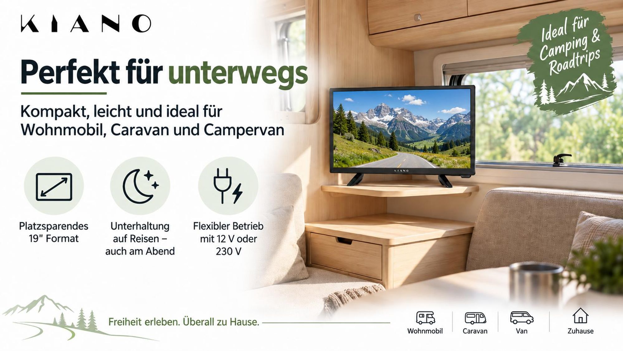 Kiano Slim TV Travel 19 Zoll (48 cm) Camping-Fernseher HD DLED 12V DVB-T2/S2/C