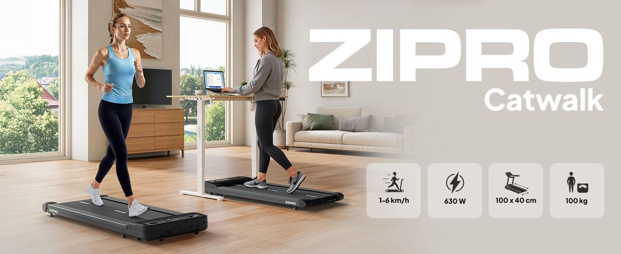 ZIPRO Catwalk Walking Pad – Elektrisches Laufband für den Schreibtisch, Ultraflach & Kompakt, Gehband für Home Office – Mit App-Kompatibilität, 1-6 km