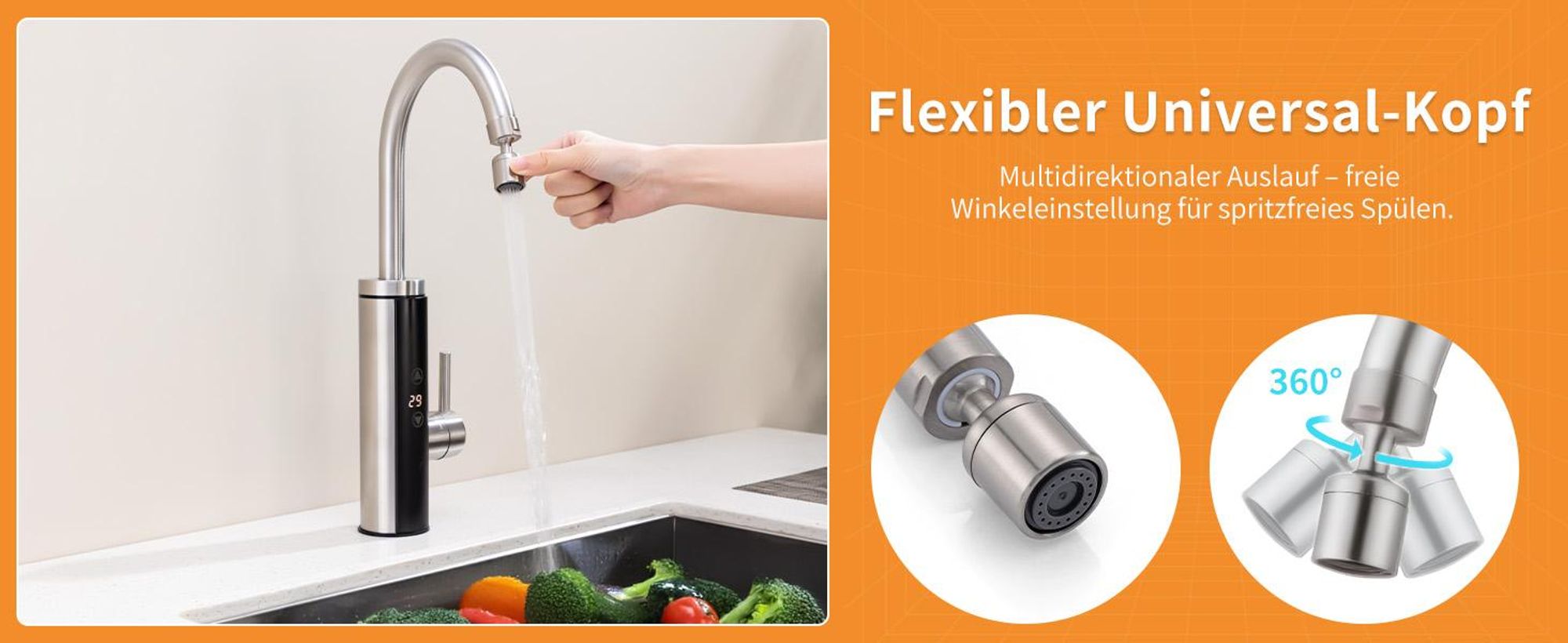 Elektrische Küchenarmatur mit Durchlauferhitzer, Gebürstet Wasserhahn Küche mit LED Temperaturanzeige,Smart Heater Wasserhahn 360° drehbar