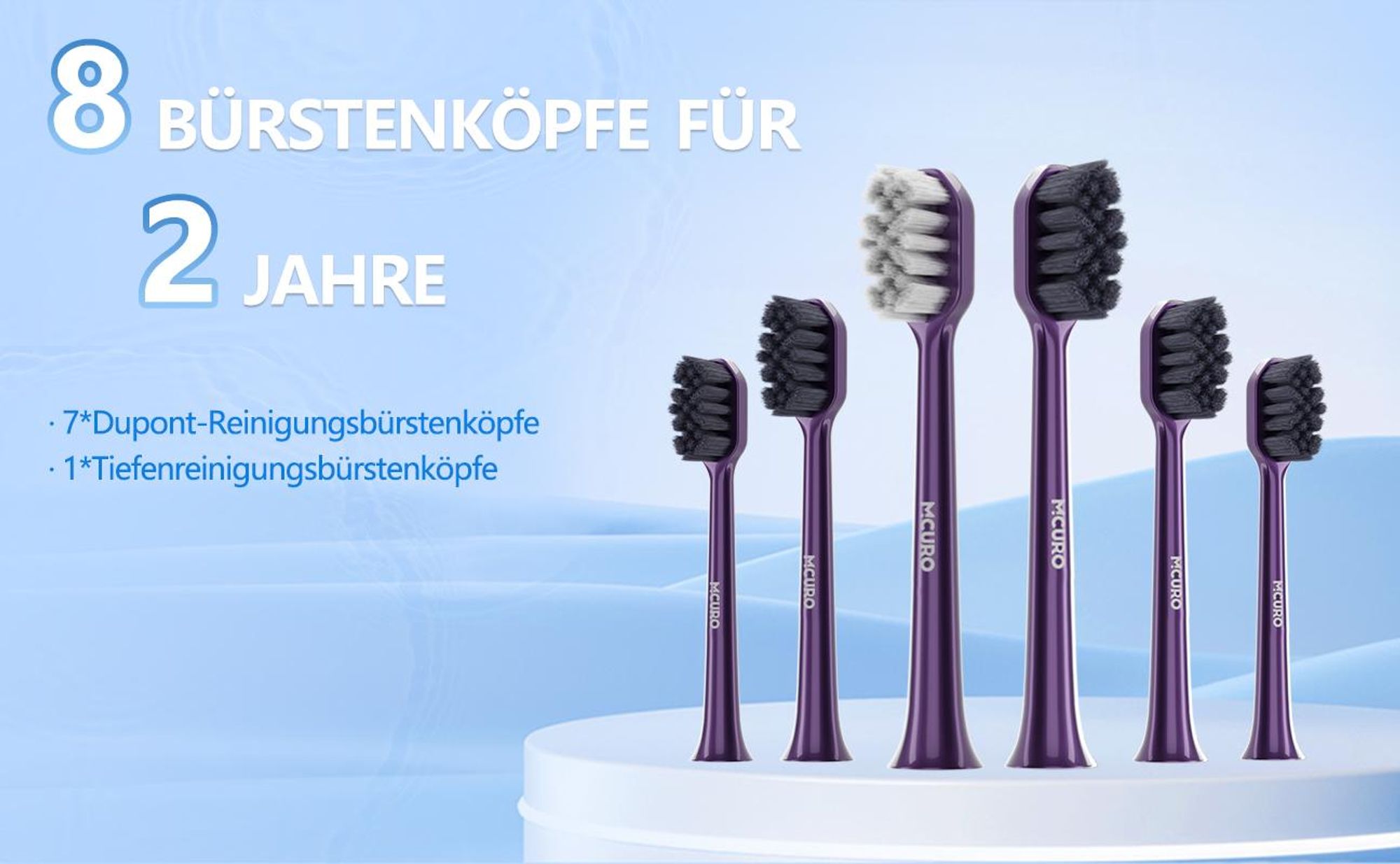 MCURO Elektrische Schallzahnbürste, wiederaufladbar, 10 Std. Ladezeit für bis zu 180 Tage Nutzung, 5 Putzmodi, Timer, 6 Bürstenköpfe, Lila