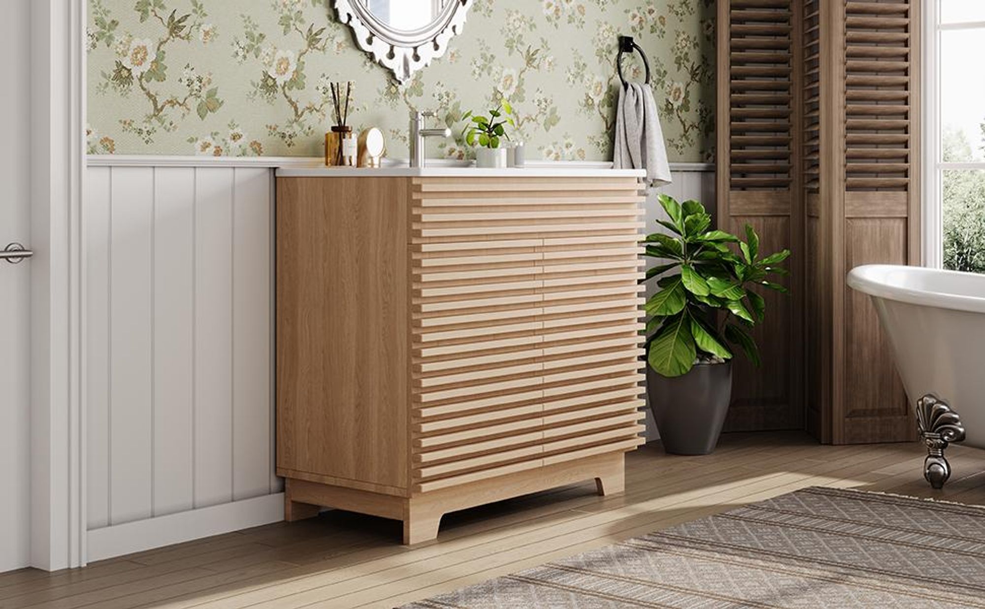 Merax freistehender Waschtischunterschrank, Badezimmerschrank mit Soft-Close-Scharnieren, 3D-Horizontalstreben, Keramik-Waschbecken, Natur