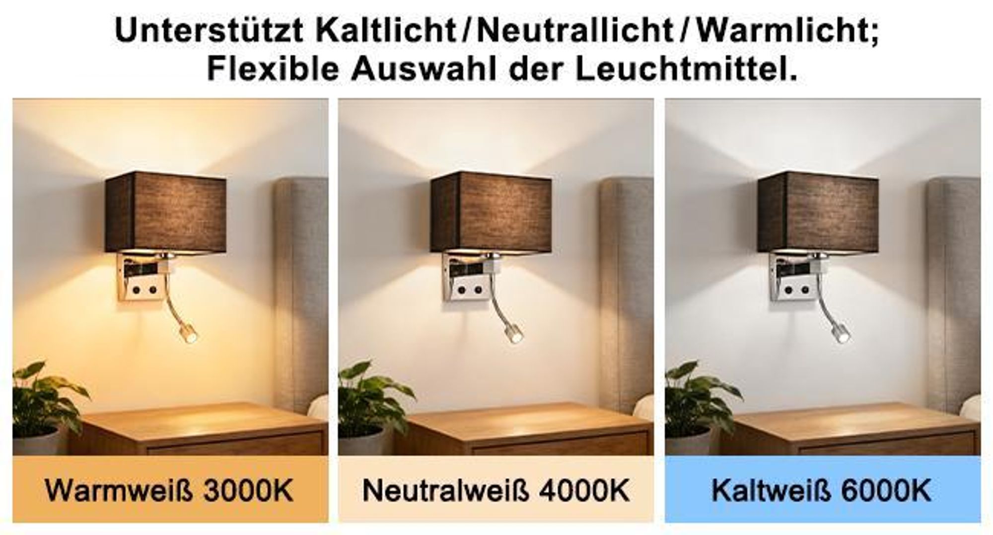 ZMH Applique da interno per camera da letto, lampada da parete, applique, nero, LED, orientabile a 360°, lampada da lettura, paralume in tessuto, attacco E27, illuminazione con interruttore, per hotel e corridoi