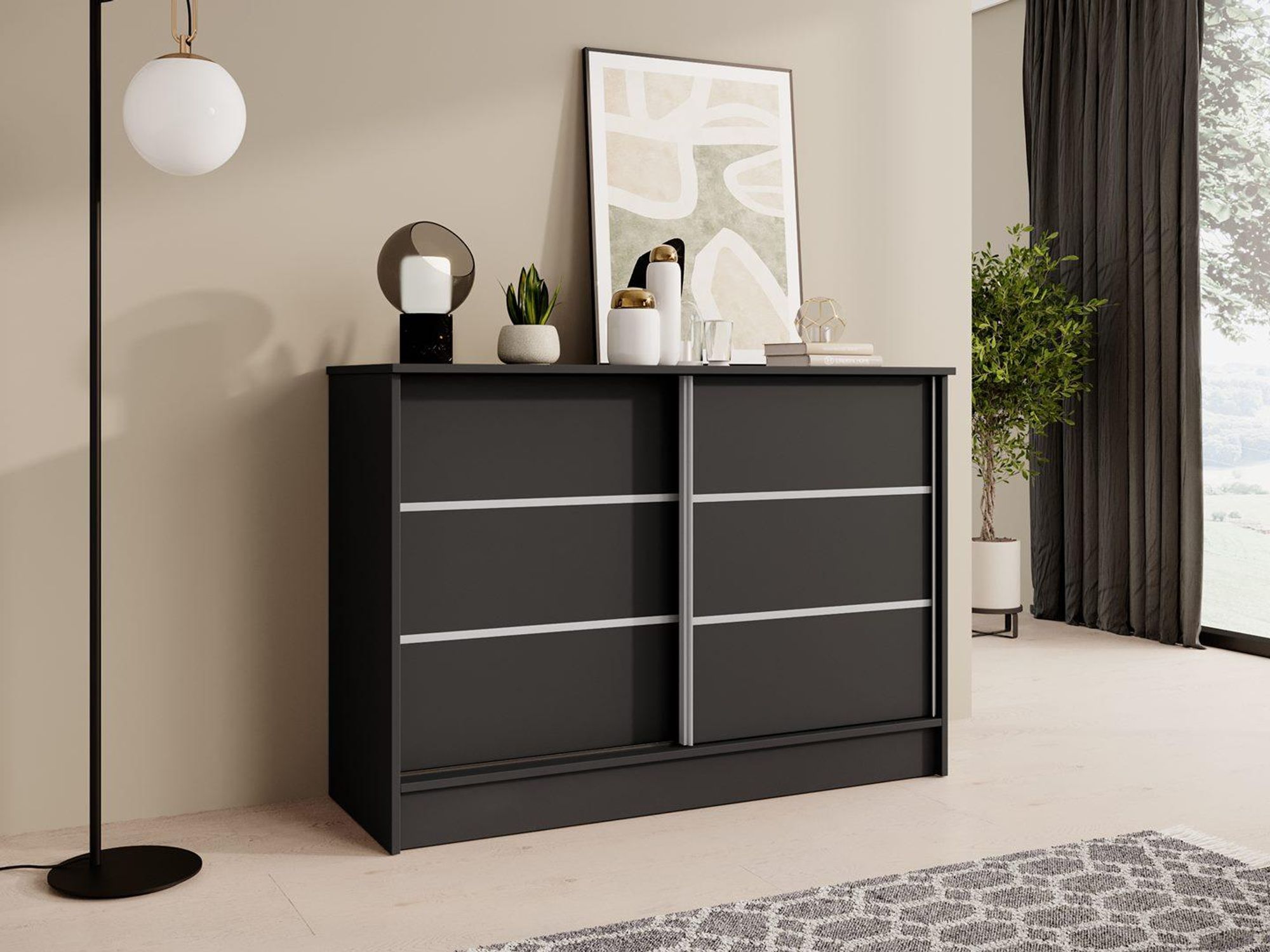 BEAUTYSOFA Kommode MIRELA 120 cm Schwarz/Schwarz, Sideboard mit 2 Schiebetüren, Highboard mit dekorativen Zierleisten, Moderne Anrichte, Viel Stauraum