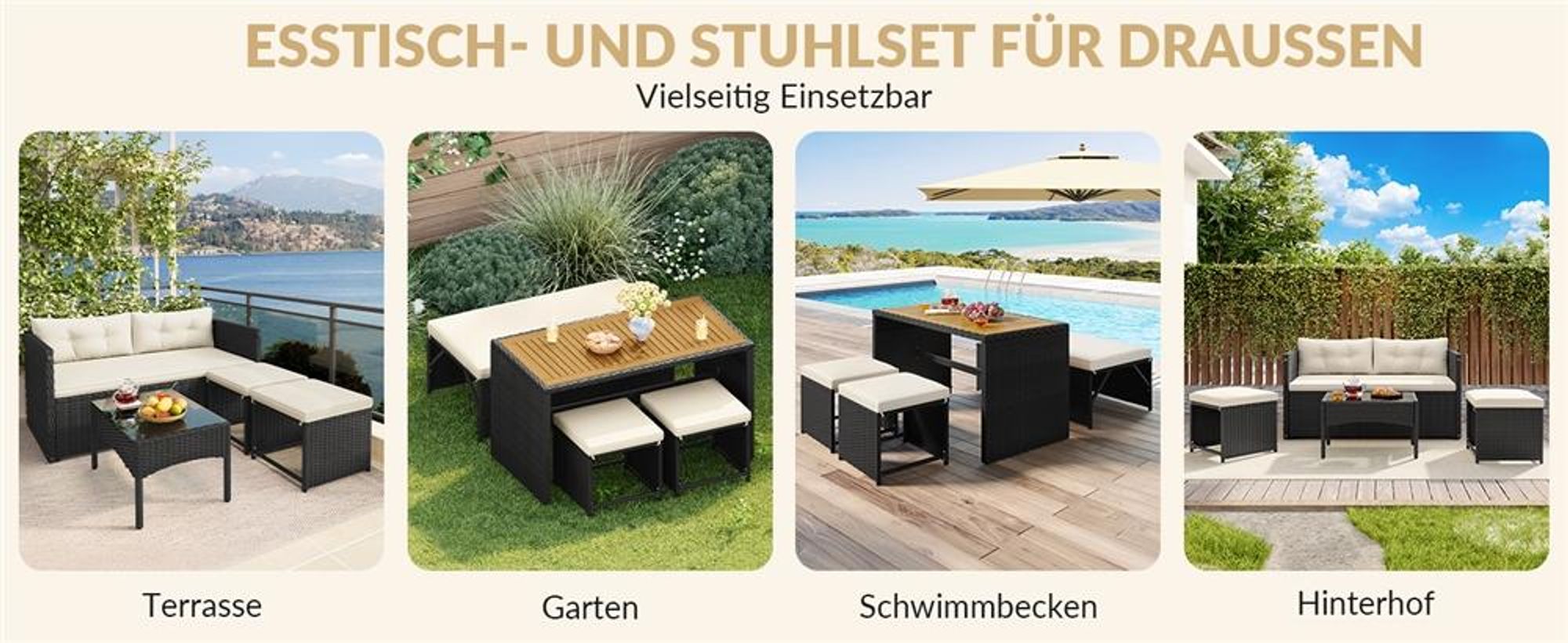 Yaheetech 2-in-1 Gartenmöbel Set aus Polyrattan, inkl. Sofa Tisch Hocker, modulare Sitzgruppe für Gartenlounge, Schwarz & Beige